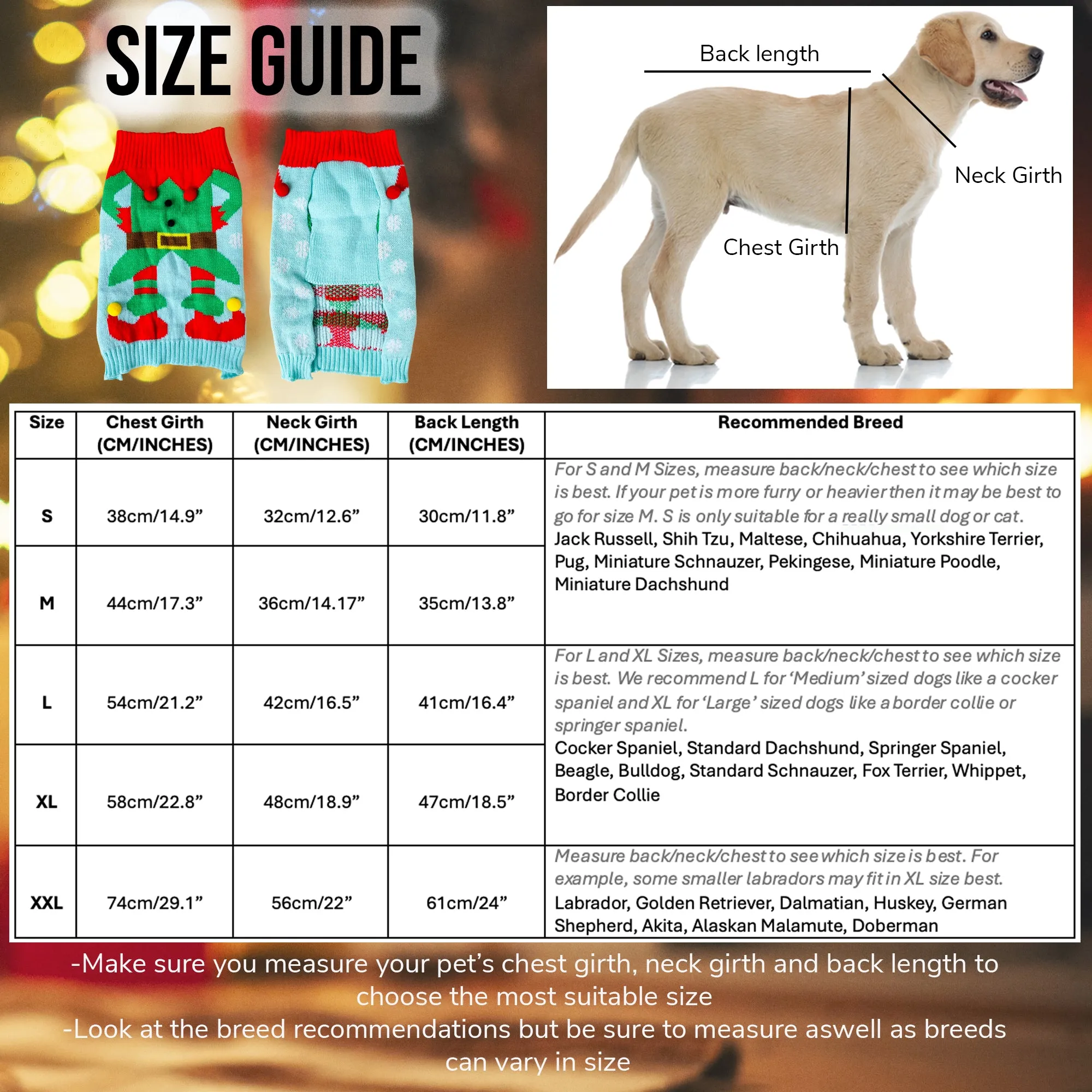 Christmas Dog Jumper Light Blue with Elf Winter Sweater Coat for All Breeds and Sizes