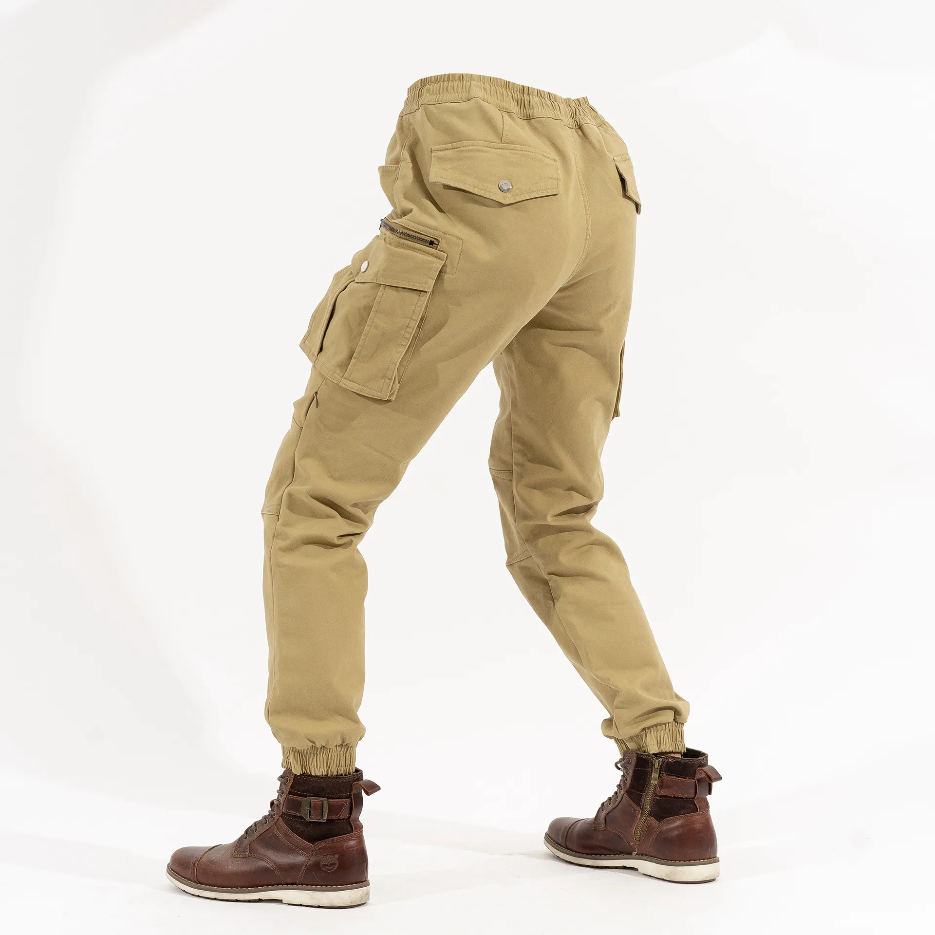 Khaki Elastic Waist Riding Motorcycle Jeans