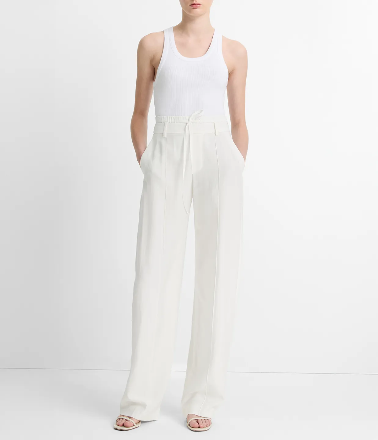 Mid Rise Double Waistband Drawstring Pant in Off White