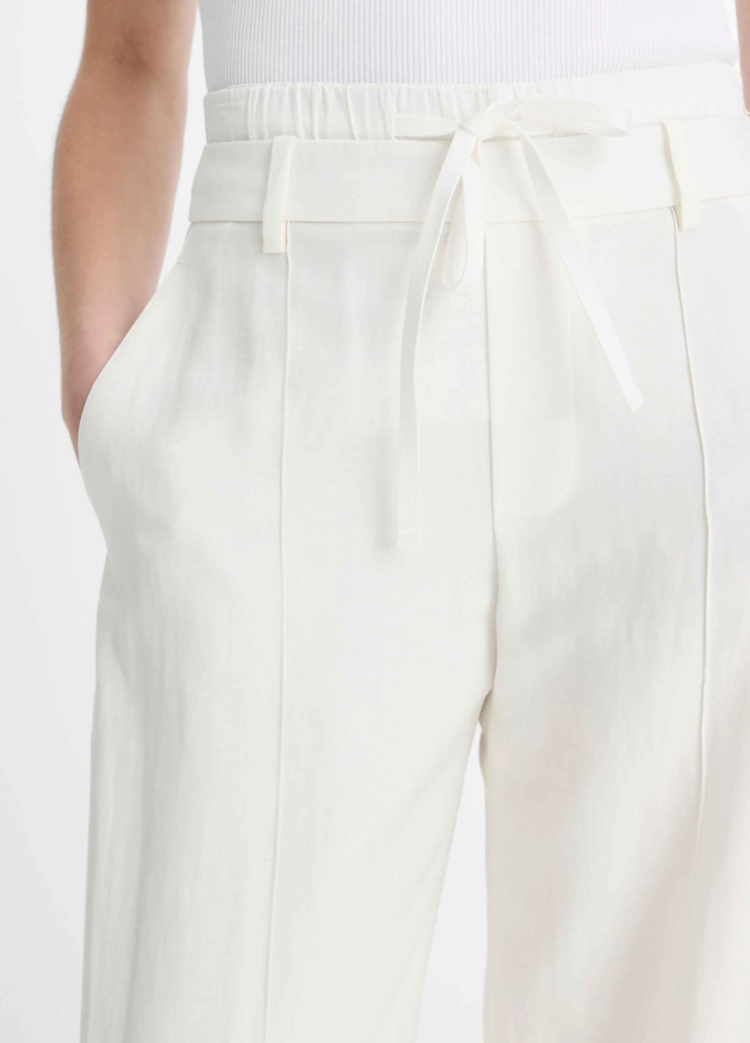 Mid Rise Double Waistband Drawstring Pant in Off White