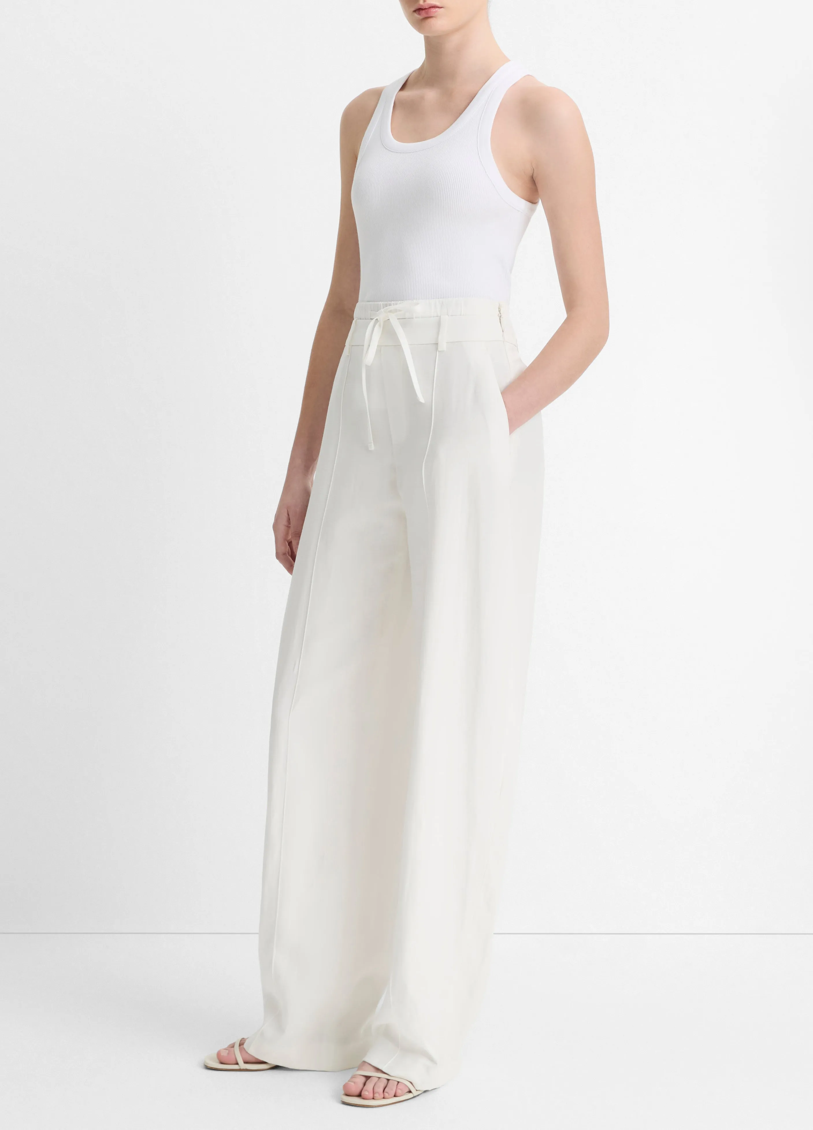 Mid Rise Double Waistband Drawstring Pant in Off White