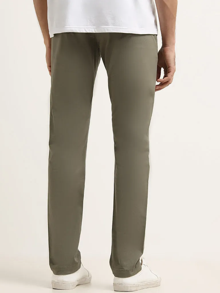 WES Casuals Olive Cotton-Blend Slim Fit Mid Rise Chinos