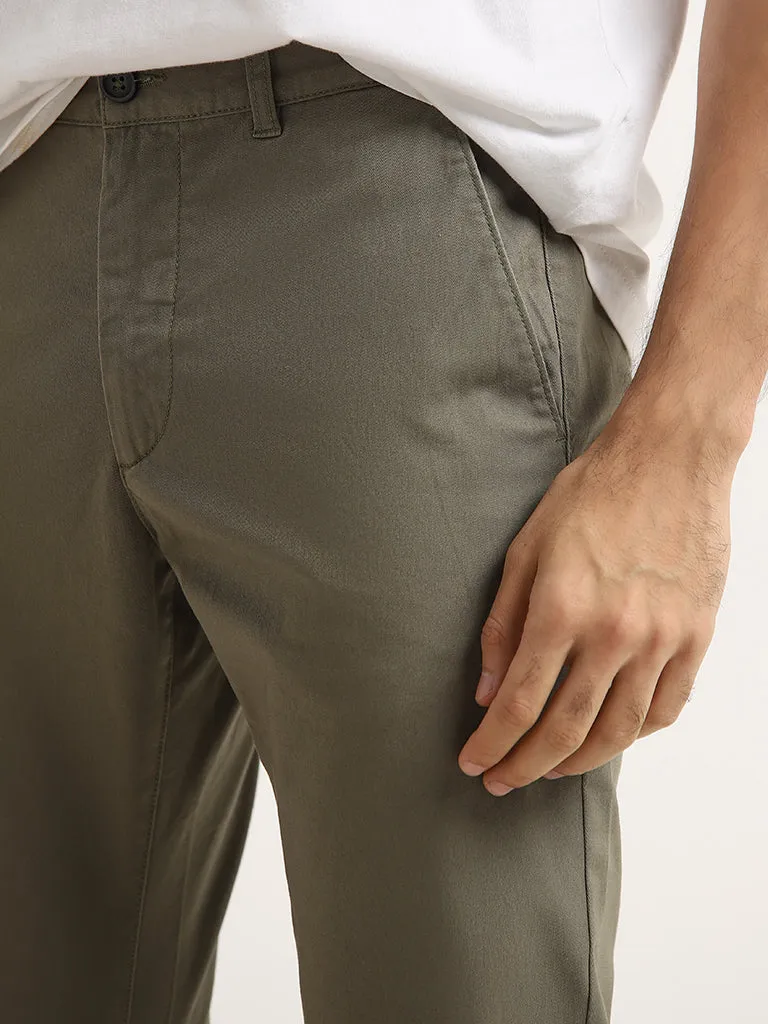 WES Casuals Olive Cotton-Blend Slim Fit Mid Rise Chinos