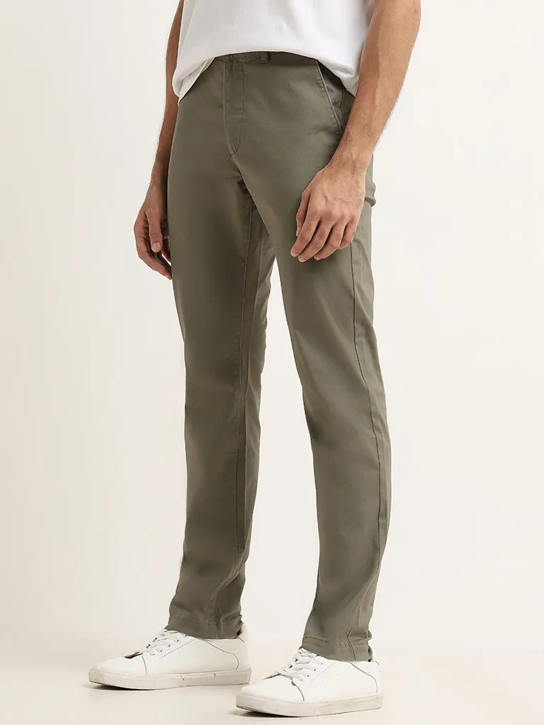 WES Casuals Olive Cotton-Blend Slim Fit Mid Rise Chinos