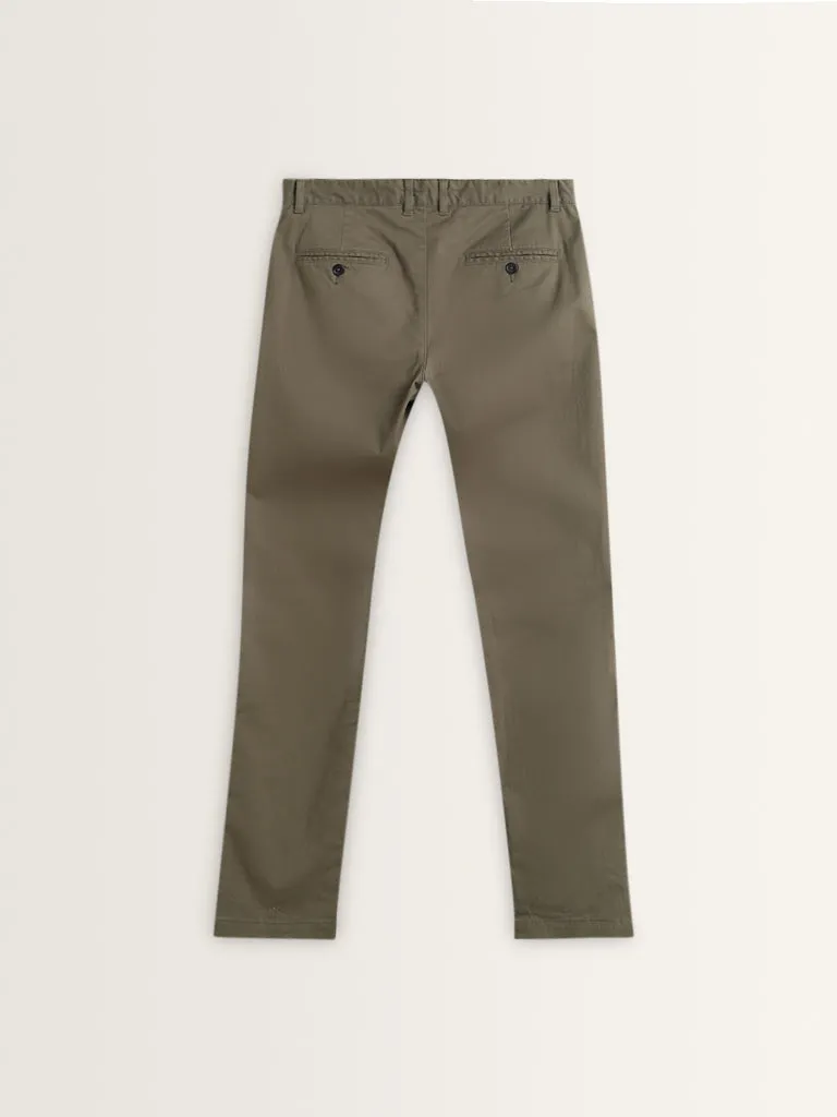 WES Casuals Olive Cotton-Blend Slim Fit Mid Rise Chinos