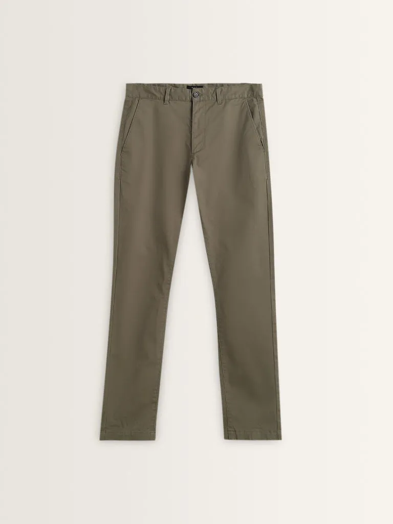 WES Casuals Olive Cotton-Blend Slim Fit Mid Rise Chinos